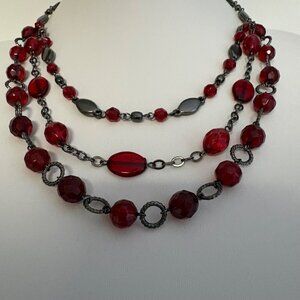 Three Strand Red Faceted Beaded Necklace Gunmetal Chain Lightweight Jewelry